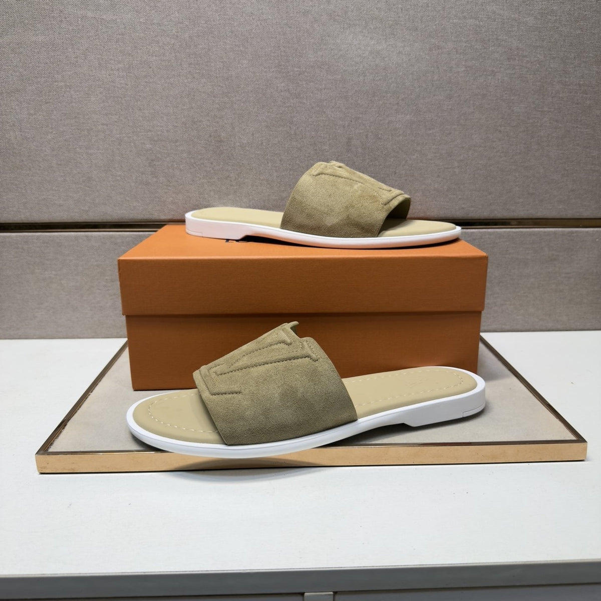 Louis Vuitton Khaki Monogram Slide Sandals — model