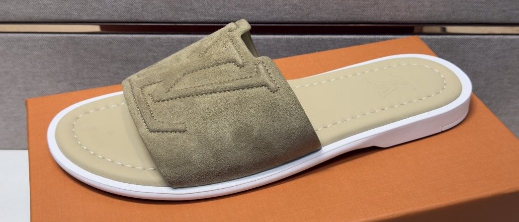 Louis Vuitton Khaki Monogram Slide Sandals — front