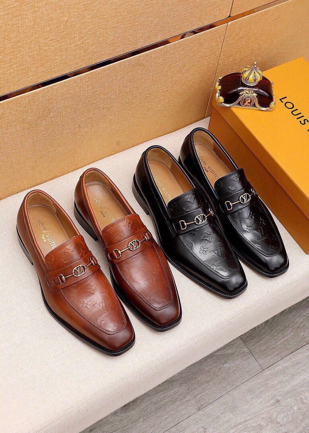 Louis Vuitton Embossed Buckle Loafers — model