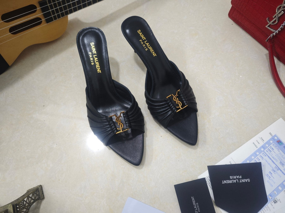 Saint Laurent Ruched Logo Mule Heels — front