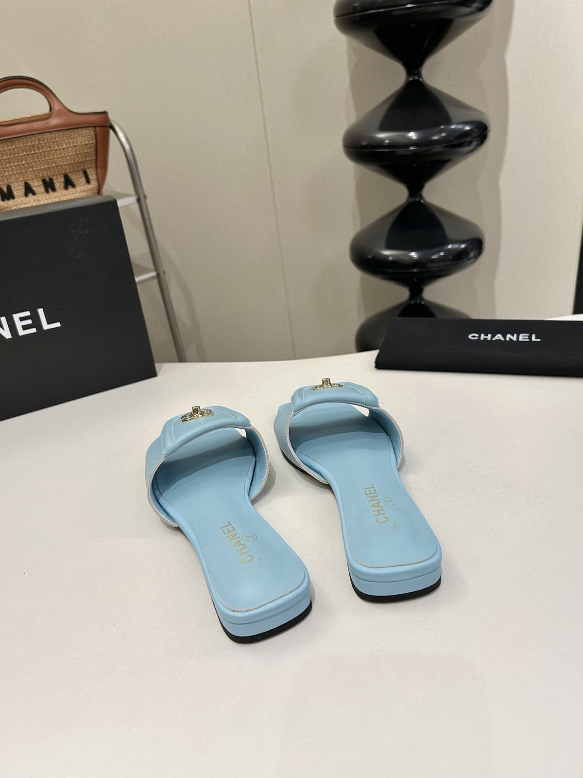 Chanel Square-Toe Leather Slide Sandals — back