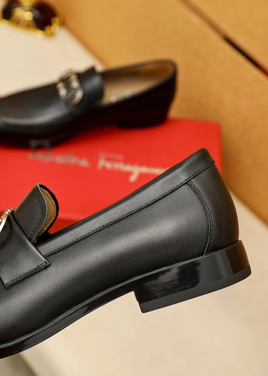 Ferragamo Black Hardware Loafers — detail