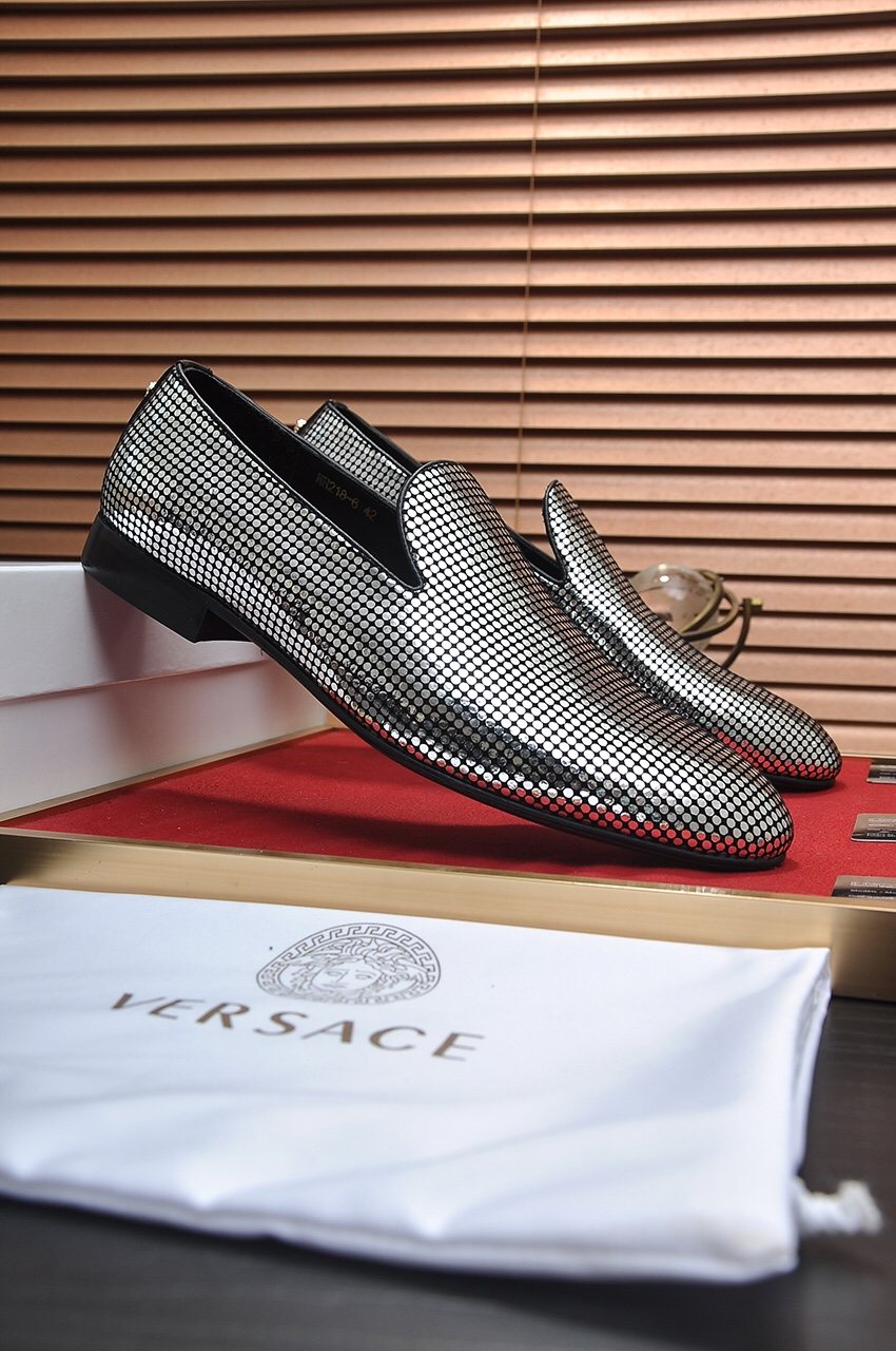 Versace Silver and Black Pattern Loafers — front