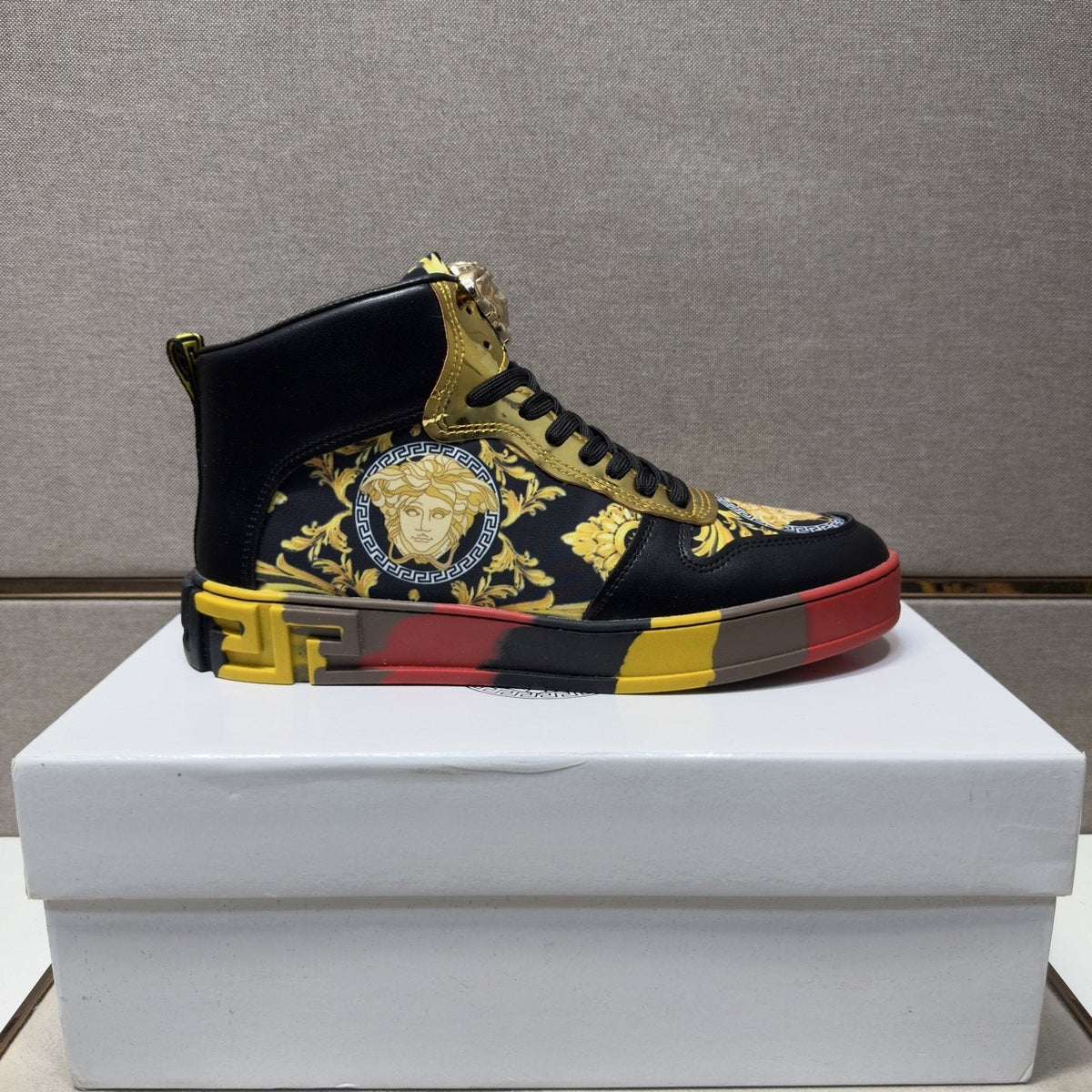 Versace White Gold High-Top Sneakers — side