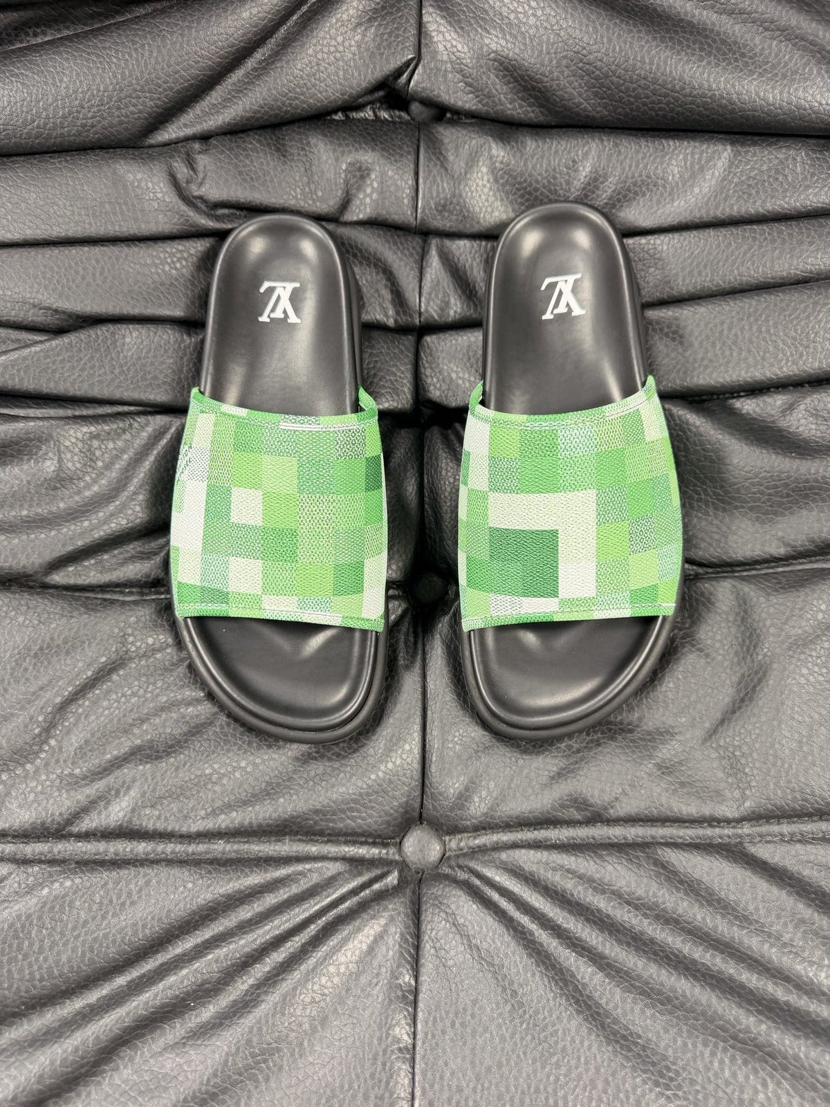 Louis Vuitton Blue Checkerboard Slide Sandals — front