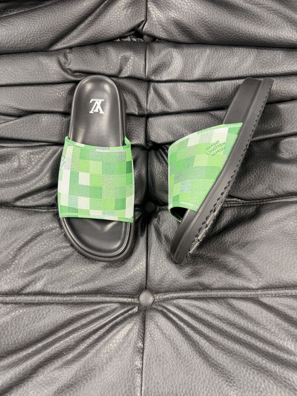 Louis Vuitton Slate Blue Checkered Slide Sandals — side