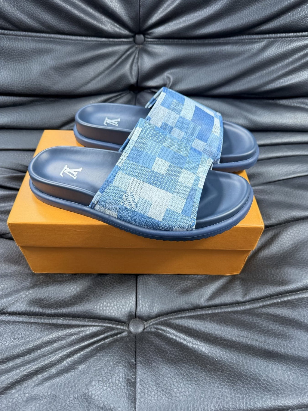 Louis Vuitton Slate Blue Checkered Slide Sandals — front