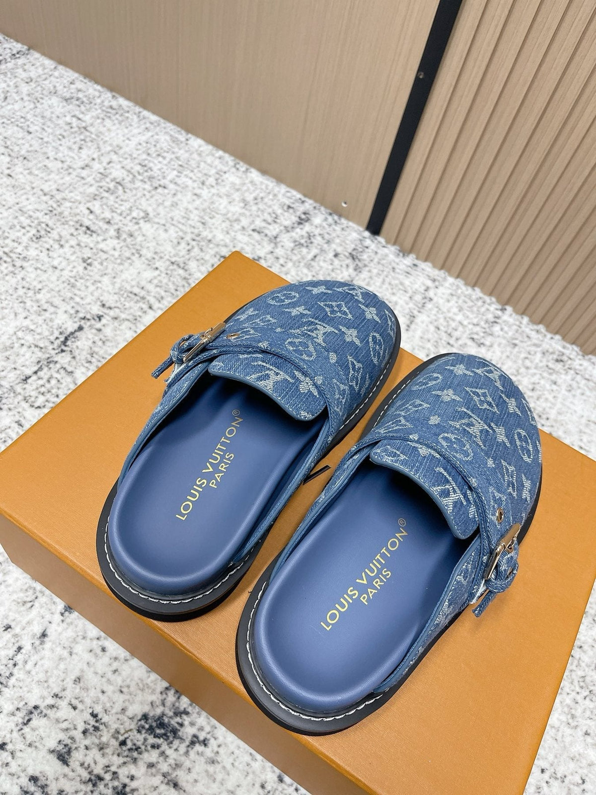 Louis Vuitton Monogram Buckle Clog Sandals — front