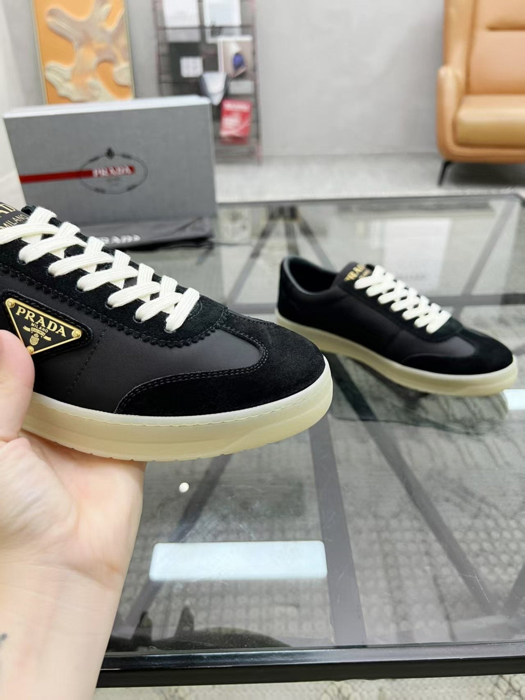 Prada Men's Low-Top Leather Sneakers — detail