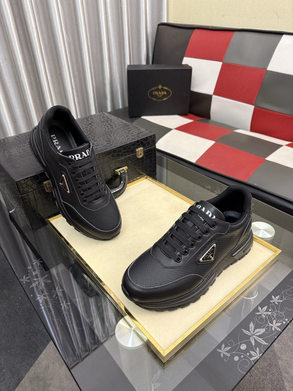 Prada Triangle Plaque Lace-Up Sneakers — front