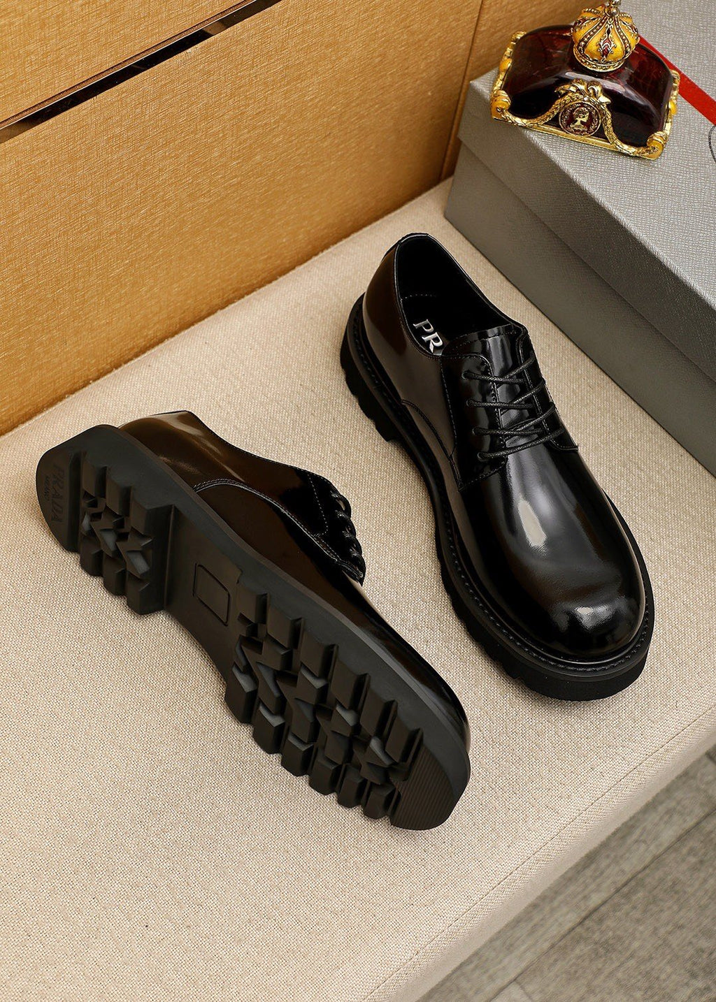 PRADA Glossy Lug Sole Derby Shoes — front