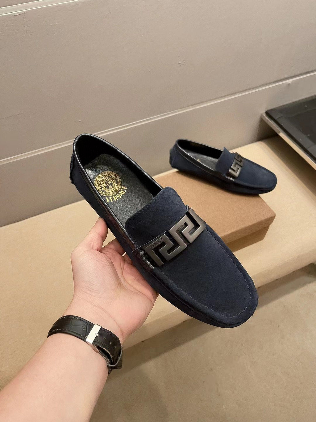 Versace Geometric Buckle Loafers — front