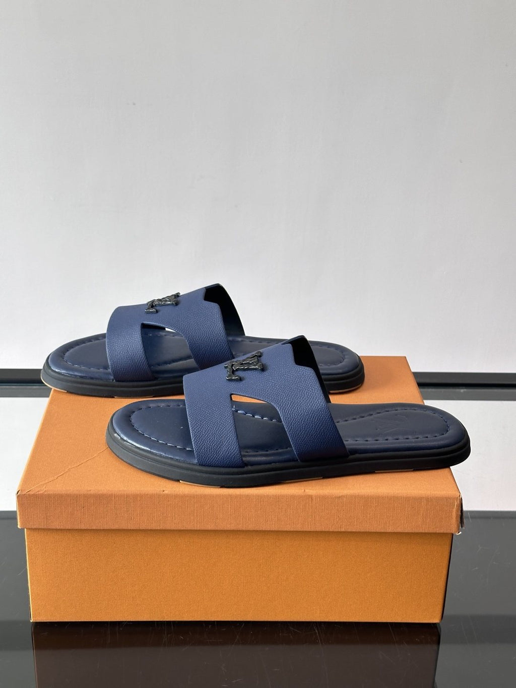 Louis Vuitton Navy Blue Slide Sandals — side