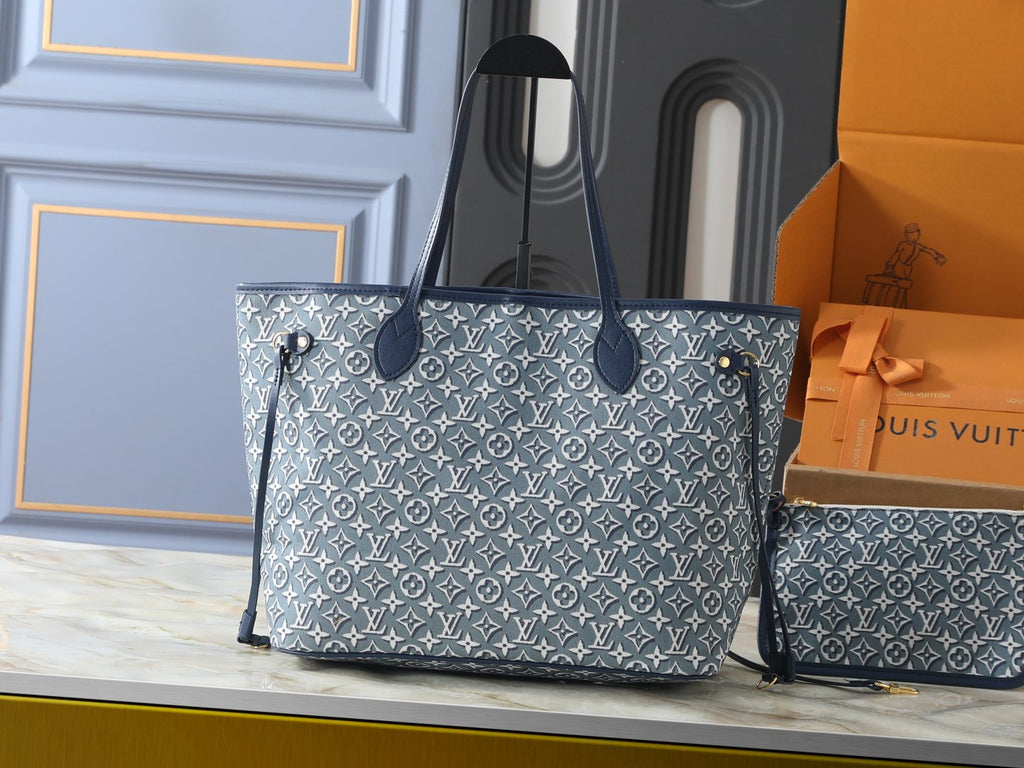 Louis Vuitton Neverfull MM Blue-Gray Tote Bag — front