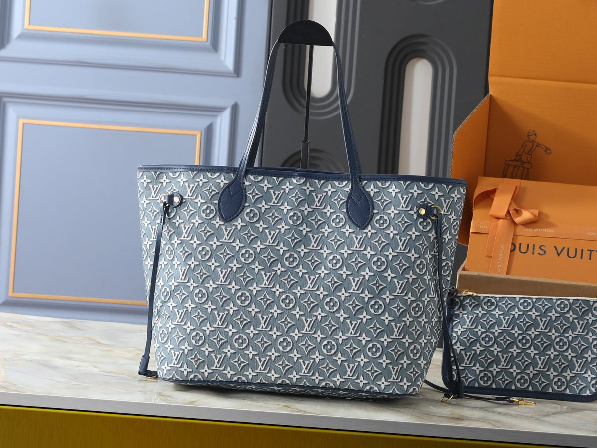 Louis Vuitton Neverfull MM Blue-Gray Tote Bag — front