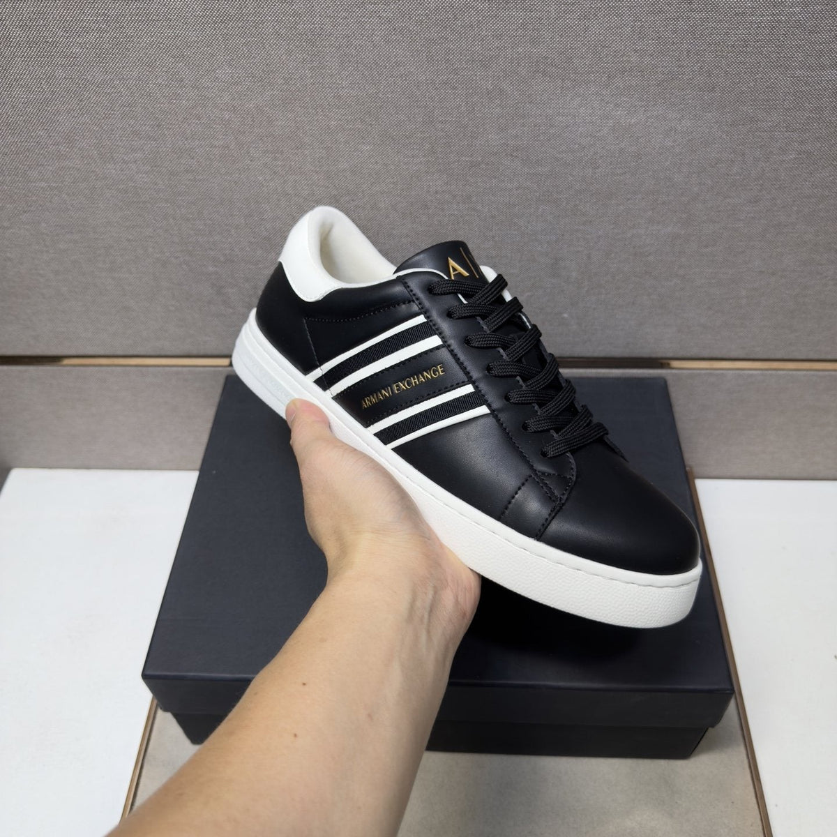 Armani Navy and White Stripe Sneakers — model
